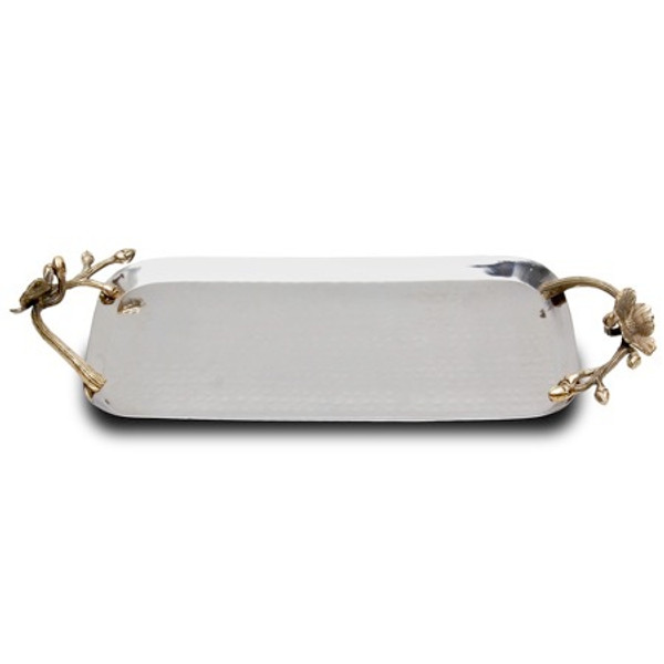 Ss.Hammered Rectangular Tray With G.Flower Handle, Pack Of 2 15337