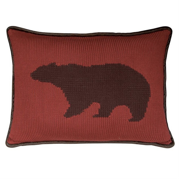 PL5002-OS-BE Wilderness Ridge Hand Knitted Bear Accents Pillow - Red/Brown by HiEnd Accents