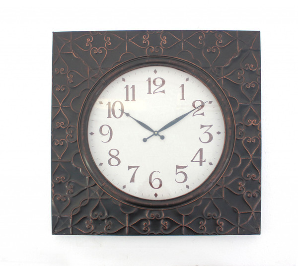 Homeroots 28" X 28" X 2" Brown, Vintage, Square, Brass Metal - Wall Clock 274524