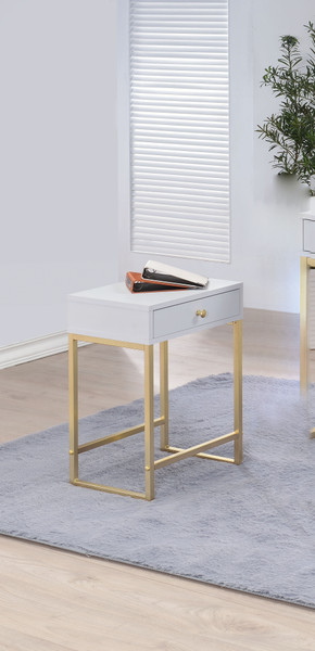 Homeroots 16" X 12" X 24" White And Brass Side Table 286068