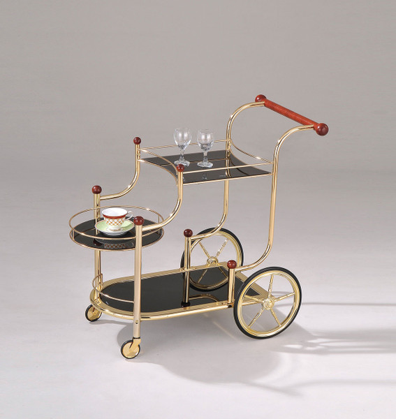 Homeroots 38" X 21" X 33" Golden Plated And Black Glass Serving Cart 286124