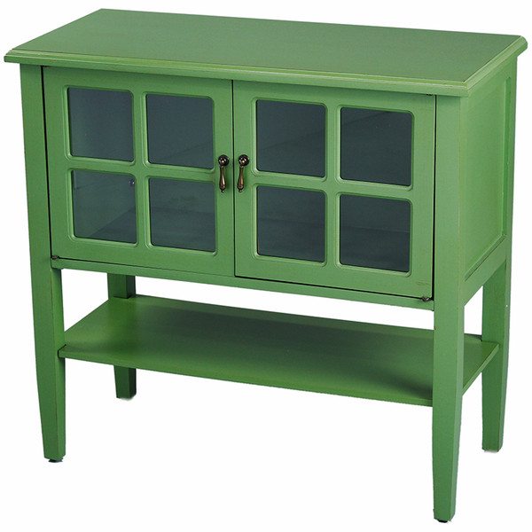 Homeroots Green Wood Clear Glass Console Cabinet With A Shelf, 2 Doors And Paned Inserts 291821