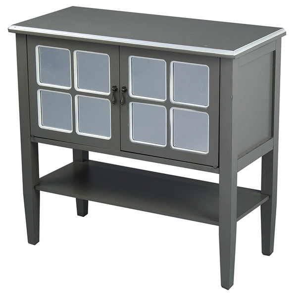 Homeroots Gray Wood Clear Glass Console Cabinet With A Shelf, 2 Doors And Paned Inserts 291831