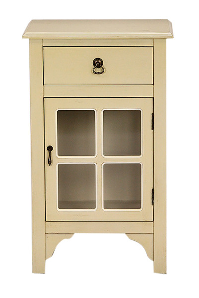 Homeroots Beige Wood Clear Glass Accent Cabinet With A Drawer, A Door And Paned Inserts 291844