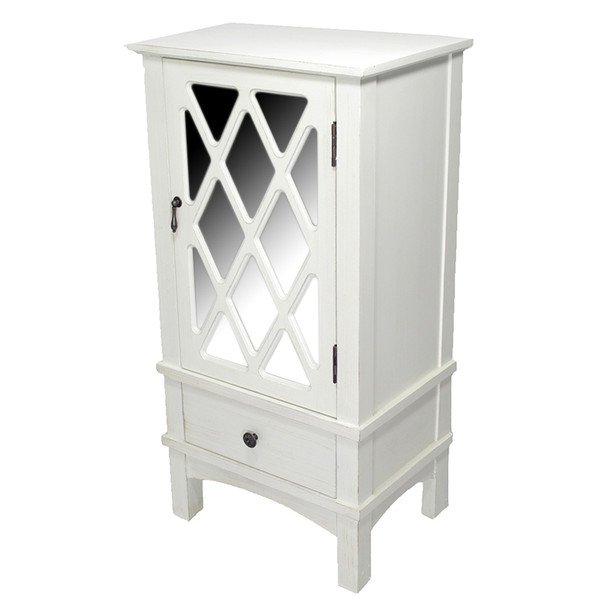Homeroots 36" Antique White Wood Mirrored Glass Accent Cabinet With A Door And A Drawer 291890