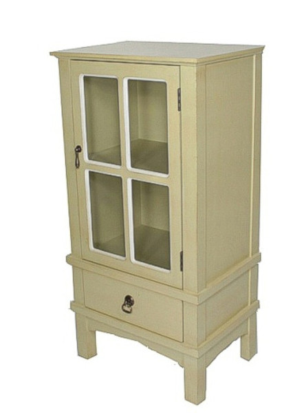 Homeroots Beige Wood Clear Glass Accent Cabinet With A Door, A Drawer And Paned Inserts 291895