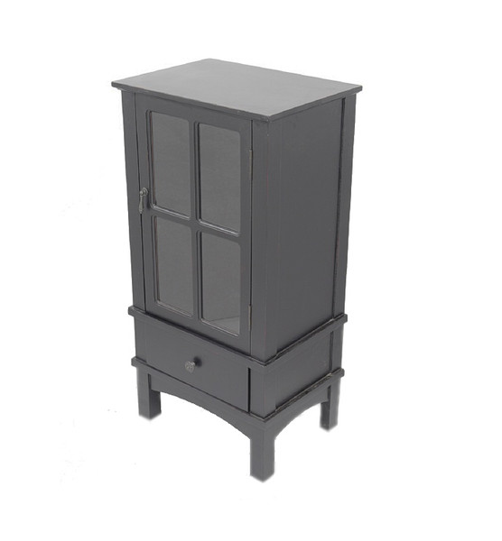 Homeroots Black Wood Clear Glass Accent Cabinet With A Door, A Drawer And Paned Inserts 291898