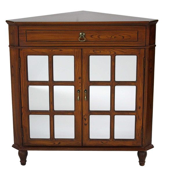 Homeroots 32" Mahogany Veneer Wood Mirrored Glass Corner Cabinet With A Drawer And 2 Doors 291918