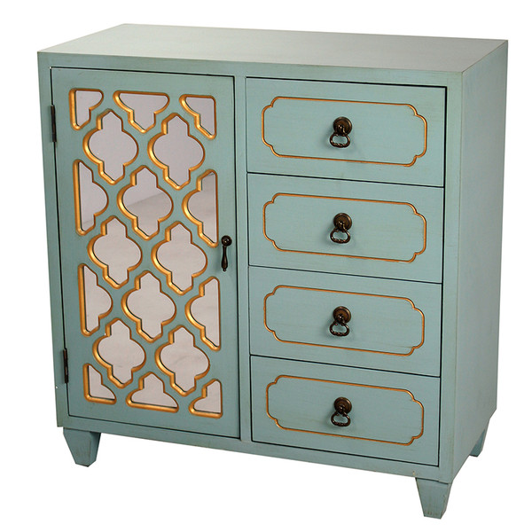 Homeroots 30.75" Light Blue Wood Mirrored Glass Cabinet With A Gold Door And 4 Drawers 291968