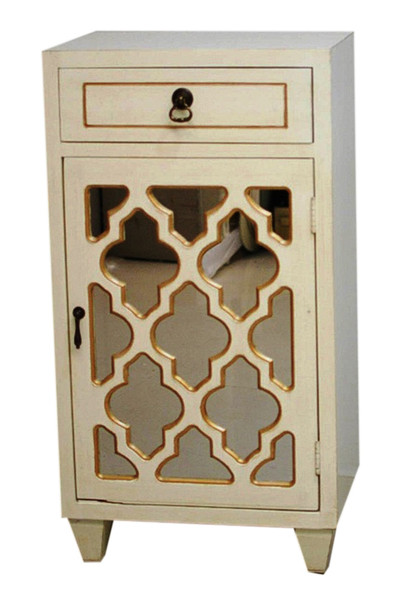 Homeroots Antique White Wood Mirrored Glass Accent Cabinet With A Drawer And Gold Door 291976