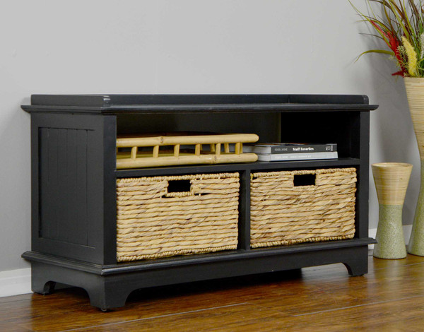 Homeroots 21.75" Black Wood Entertainment Cabinet With 2 Hyacinth Storage Baskets 294588