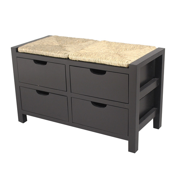 Homeroots 20" Black Wood Bench With 4 Drawers And A Seagrass Top 294594