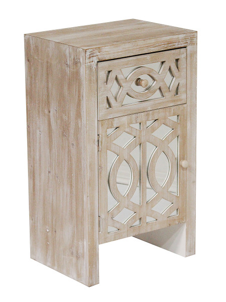 Homeroots 30.5" White Washed Wood Accent Cabinet With Mirrored Glass Door & Drawer 294638