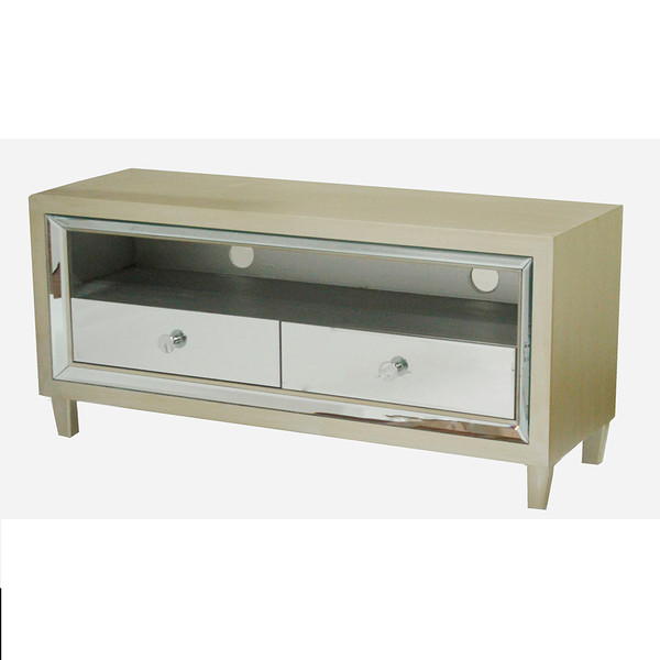 Homeroots 22" Champagne Wood Classic Tv Stand With 2 Mirrored Glass Drawers 294680