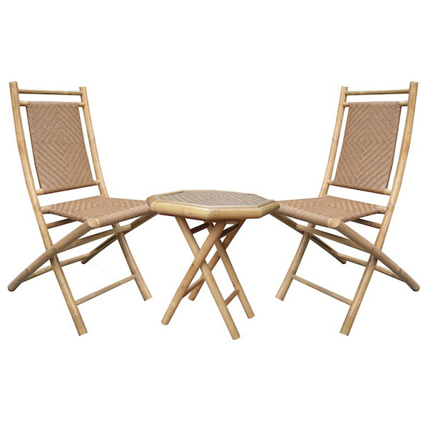 Homeroots 36" Natural And Tan Bamboo Diamond Weave 2 Chairs And A Table Bistro Set 294721