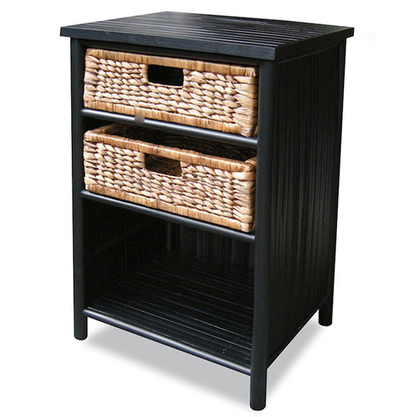 Homeroots 23.75" Black And Brown Bamboo End Table With 2 Baskets And A Shelf 294771