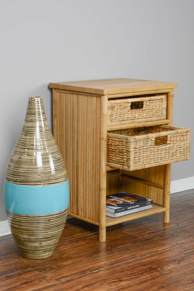 Homeroots 23.75" Natural Bamboo End Table With 2 Baskets And A Shelf 294772