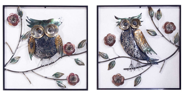 Homeroots Midnight Garden Owl On Blooming Branches Square Wall Panel- Set Of 2 - Metallic Multi-Color 319806