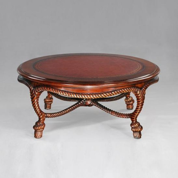 33793L Vintage Round Rope Coffee Table Leather In Wood Finish