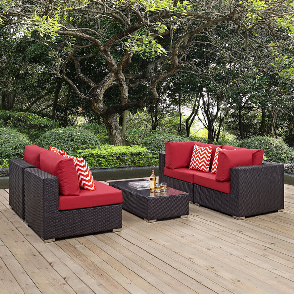 Modway Convene 5-Piece Outdoor Patio Sectional Set - Espresso/Red EEI-2356