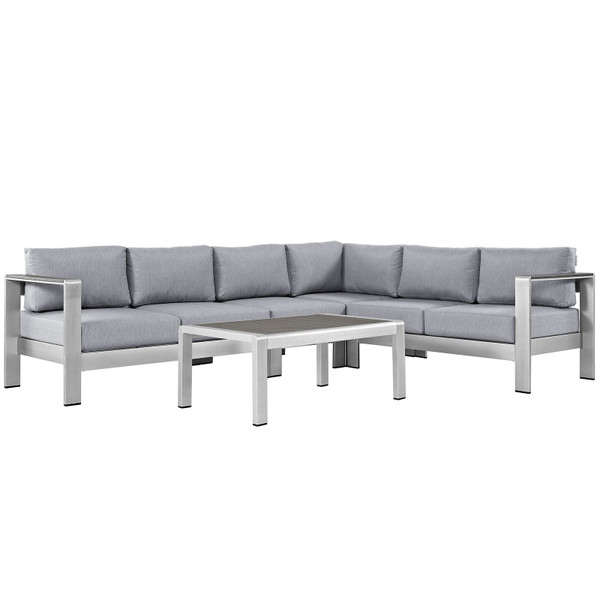 Modway Shore 5-Piece Outdoor Patio Aluminum Sectional Sofa Set-Silver/Gray EEI-2557