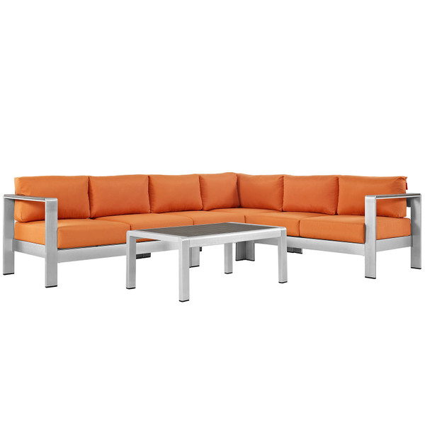 Modway Shore 5-Piece Outdoor Patio Aluminum Sectional Sofa Set-Silver/Orange EEI-2557