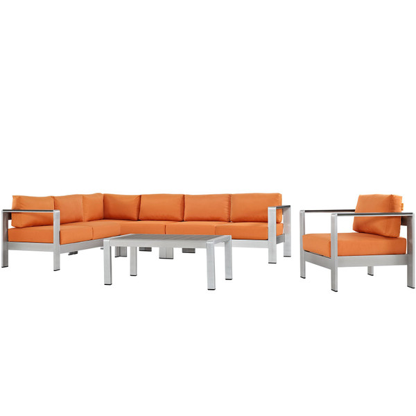 Modway Shore 6-Piece Outdoor Patio Sectional Sofa Set -Silver/Orange EEI-2558