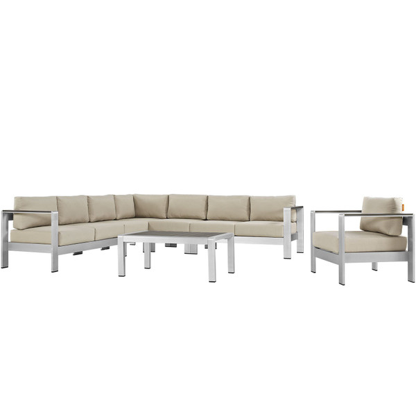 Modway Shore 7-Piece Outdoor Patio Aluminum Sectional Sofa Set-Silver/Beige EEI-2562