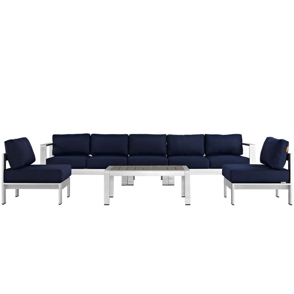 Modway Shore 6-Piece Outdoor Patio Aluminum Sectional Sofa Set-Silver/Navy EEI-2565