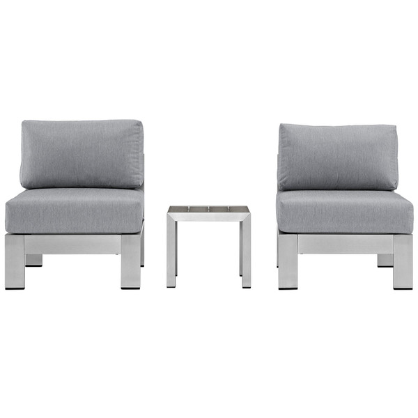 Modway Shore 3-Piece Outdoor Patio Aluminum Sectional Sofa Set-Silver/Gray EEI-2598