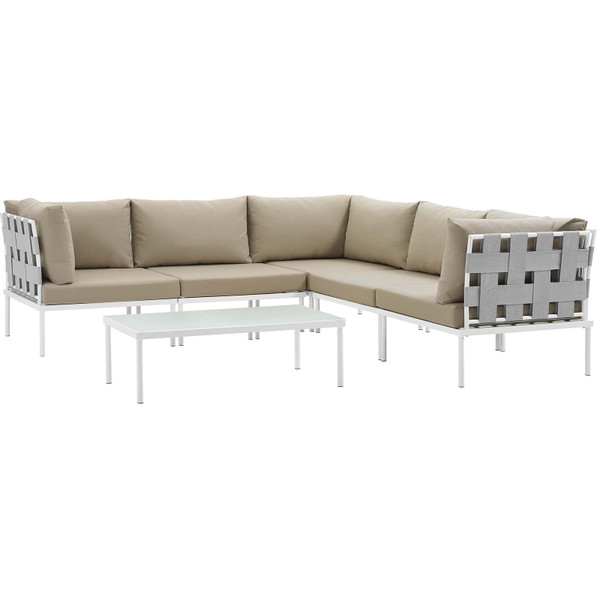 EEI-2627-WHI-BEI-SET Harmony 6 Piece Outdoor Patio Aluminum Sectional Sofa Set By Modway