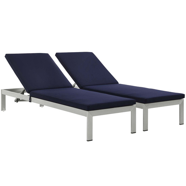 Modway Shore Outdoor Patio Aluminum Chaise-(Set of 2) w/ Cushions-Silver/Navy EEI-2737