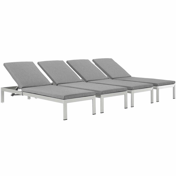 Modway Shore Outdoor Patio Aluminum Chaise-(Set of 4) w/ Cushions-Silver/Gray EEI-2738