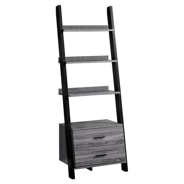 Monarch Bookcase- 69"H- Grey-Black Ladder With 2 Storage Drawer I 2755
