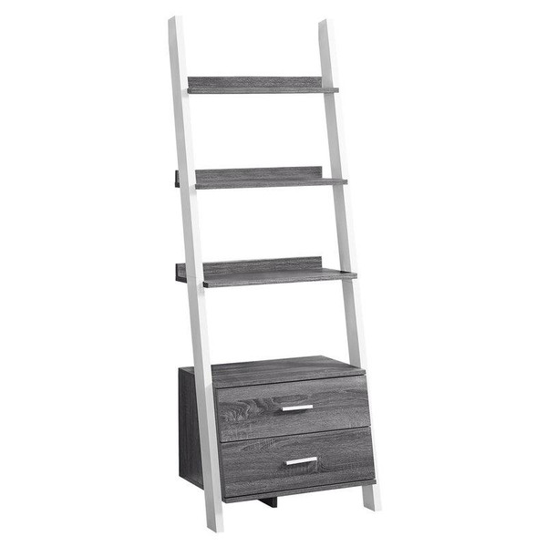 Monarch Bookcase- 69"H- Grey-White Ladder With 2 Storage Drawer I 2756