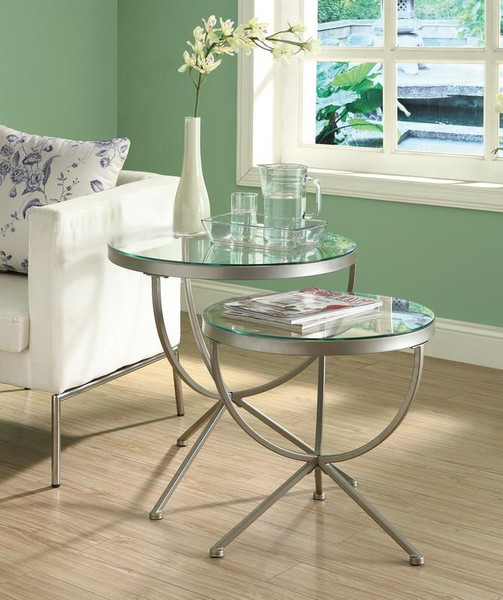 Monarch Nesting Table - 2 Piece Set - Silver w/ Tempered Glass I 3322