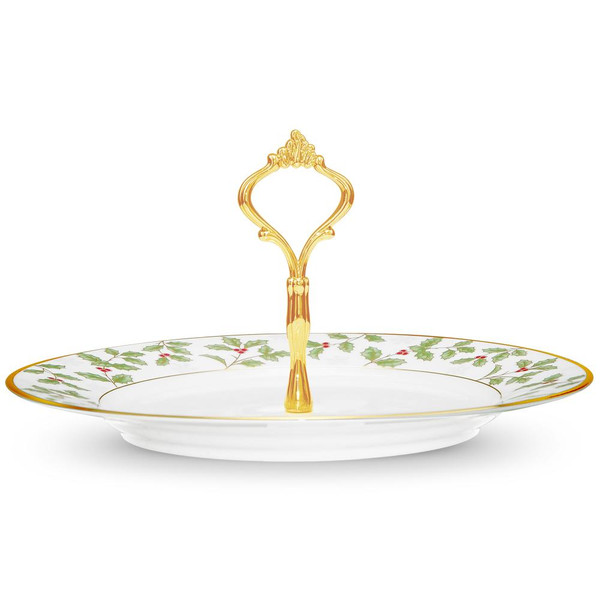 4173-221 Holly And Berry Gold Handled Hostess Tray by Noritake