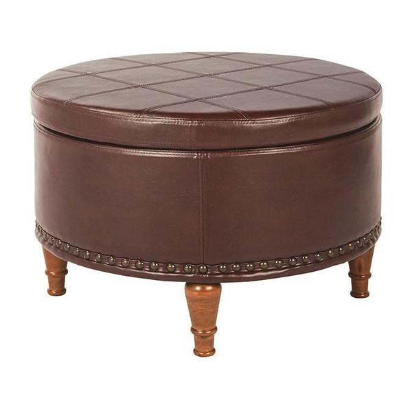 Office Star Alloway Storage Ottoman In Espresso Faux Leather W/ Antique Bronze Nailheads