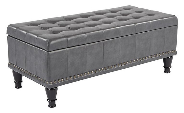 Office Star Caldwell Square Storage Ottoman In Grey Bonded Leather W/ Antique Brass Nailheads