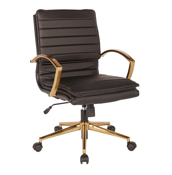 Office Star Mid-Back Faux Leather Chair W/ Gold Finish In Black Faux Leather