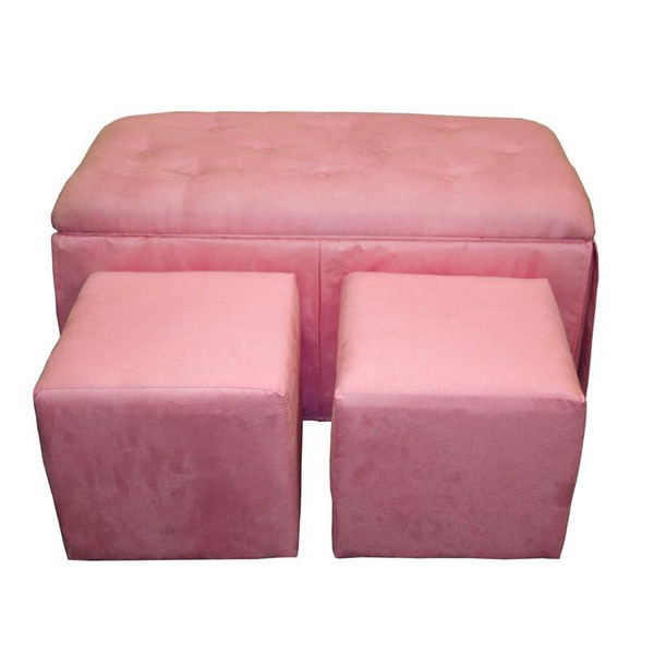 HB4249 Ore International Pink Microfiber Storage Bench-w/ 2 Matching Ottomans