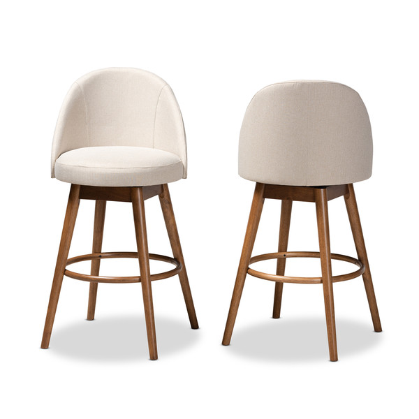 Baxton Carra Mid-Century Modern Light Beige Fabric Upholstered Walnut-Finished Wood 2-Piece Swivel Bar Stool Set BBT5355B-Light Beige/Walnut-BS