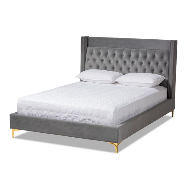 Baxton Valery Modern And Contemporary Dark Gray Velvet Fabric Upholstered Queen Size Platform Bed With Gold-Finished Legs BBT6740-Dark Grey-Queen