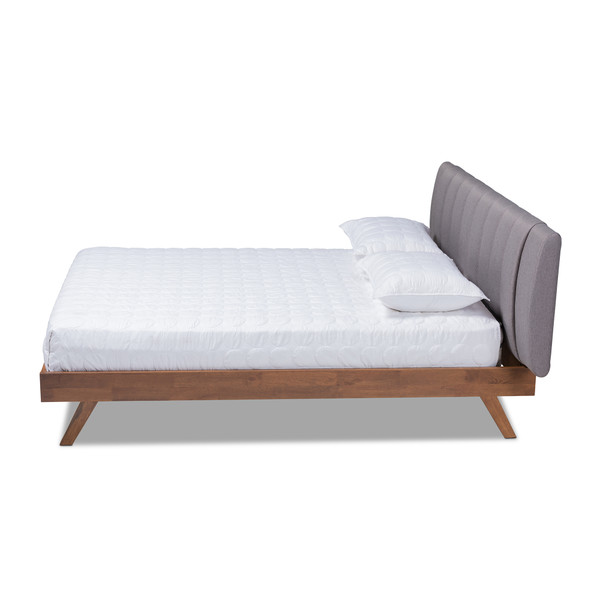 Baxton Brita Mid-Century Modern Grey Fabric Upholstered Walnut Finished Wood King Size Bed BBT6808-Grey/Walnut-King