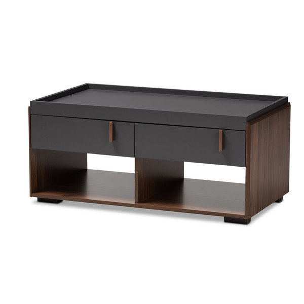 Baxton Rikke Modern And Contemporary Two-Tone Gray And Walnut Finished Wood 2-Drawer Coffee Table BR3CFT314-Columbia/Dark Grey-CT
