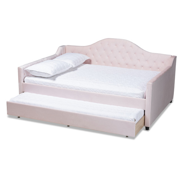 Baxton Perry Modern And Contemporary Light Pink Velvet Fabric Upholstered And Button Tufted Queen Size Daybed With Trundle CF8940-Light Pink-Daybed-Q/T