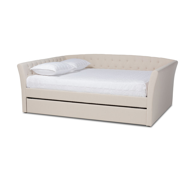 Baxton Delora Modern And Contemporary Beige Fabric Upholstered Queen Size Daybed With Roll-Out Trundle Bed CF9044-Beige-Daybed-Q/T