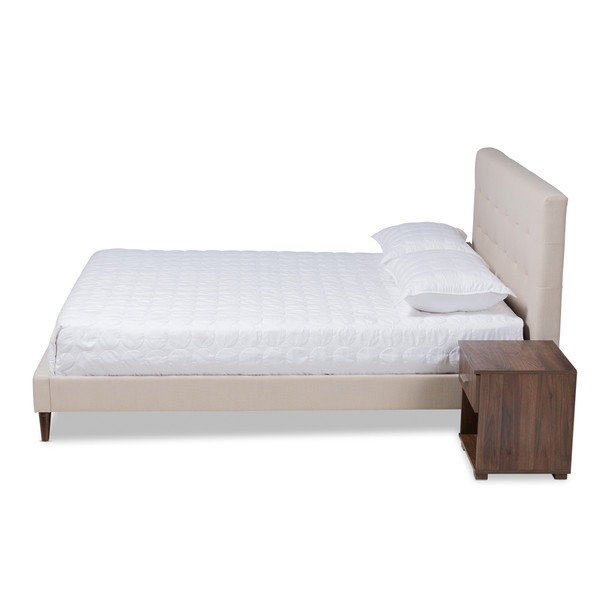 Baxton Maren Mid-Century Modern Beige Fabric Upholstered Queen Size Platform Bed With Two Nightstands CF9058-Beige-Queen