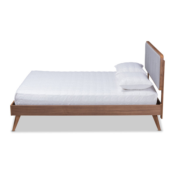 Baxton Dilara Mid-Century Modern Light Grey Fabric Upholstered Walnut Brown Finished Wood Full Size Platform Bed Dilara-Light Grey/Ash Walnut-Full