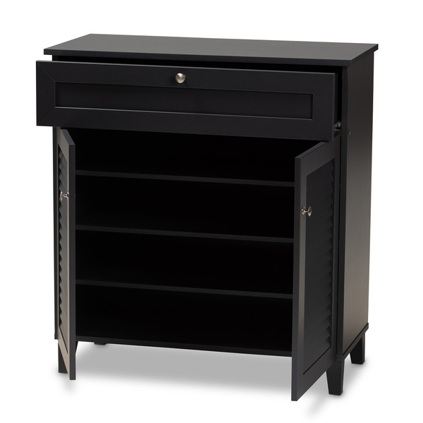 Baxton Coolidge Modern And Contemporary Dark Grey Finished 4-Shelf Wood Shoe Storage Cabinet With Drawer FP-02LV-Dark Grey